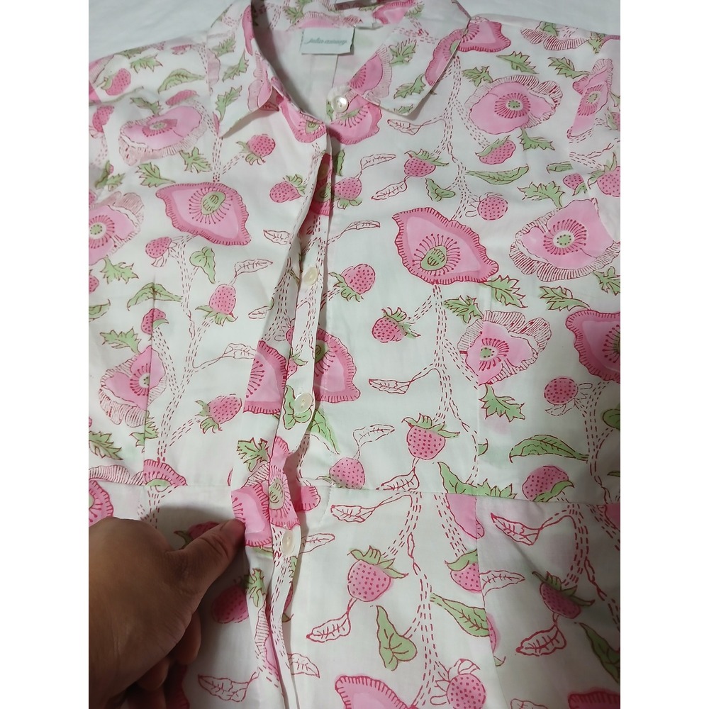 Julia Amory Pink Poppy Strawberry Block Print Cotton Shirt Dress Maxi Medium NWT - Picture 13 of 14